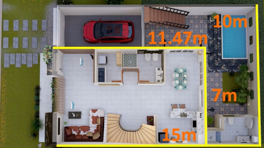 Plano de casa 10x15m - 3 Dormitorios